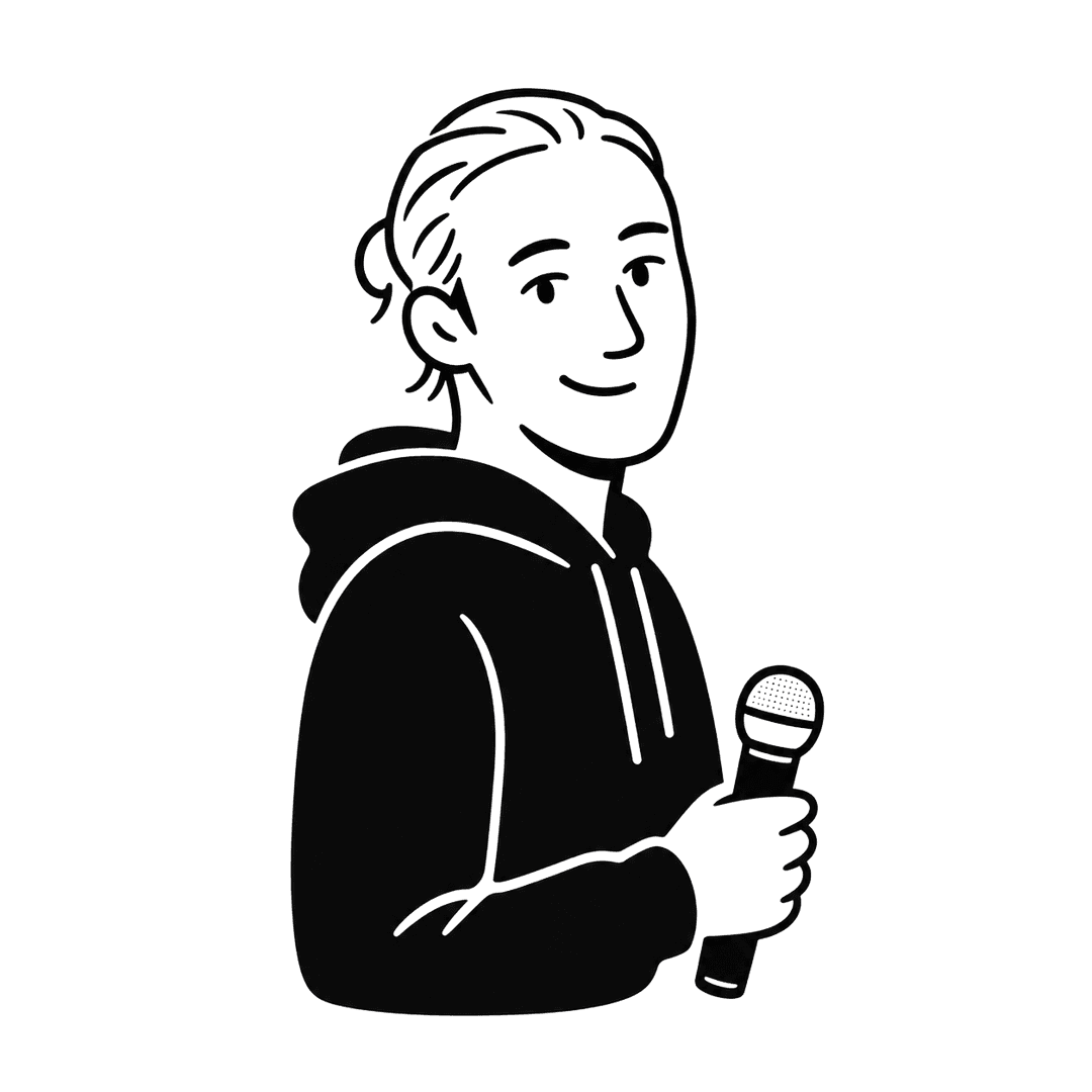 Dessin de Jules Herduin tenant un micro